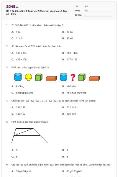 Bộ 5 đề thi cuối kì 2 Toán lớp 2 Chân trời sáng tạo có đáp án - Đề 5