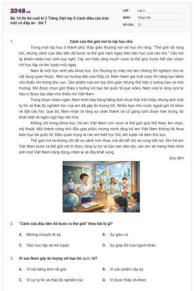 Bộ 10 đề thi cuối kì 2 Tiếng Việt lớp 5 Cánh diều cấu trúc mới có đáp án - Đề 7