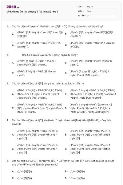 Đề kiểm tra Ôn tập chương 6 (có lời giải) - Đề 1