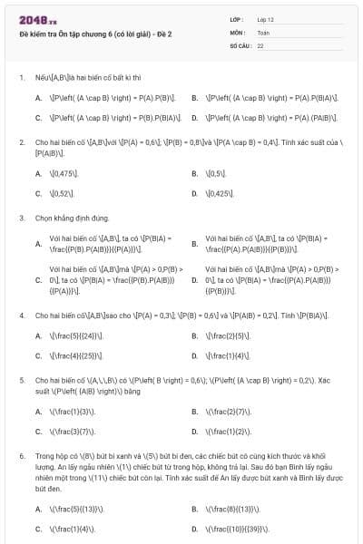Đề kiểm tra Ôn tập chương 6 (có lời giải) - Đề 2