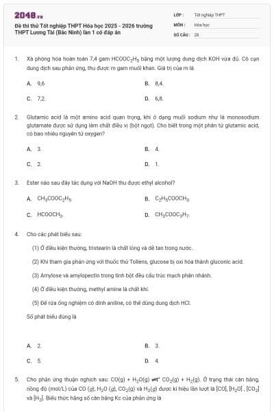 Đề thi thử Tốt nghiệp THPT Hóa học 2025 - 2026 trường THPT Lương Tài (Bắc Ninh) lần 1 có đáp án