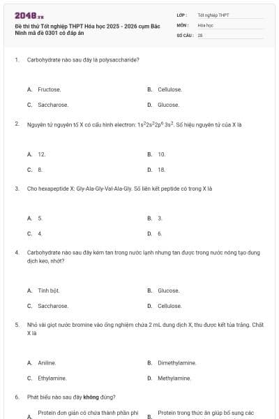 Đề thi thử Tốt nghiệp THPT Hóa học 2025 - 2026 cụm Bắc Ninh mã đề 0301 có đáp án