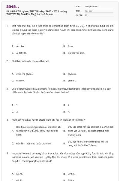 Đề thi thử Tốt nghiệp THPT Hóa học 2025 - 2026 trường THPT Võ Thị Sáu (Phú Thọ) lần 1 có đáp án