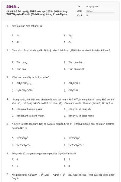 Đề thi thử Tốt nghiệp THPT Hóa học 2025 - 2026 trường THPT Nguyễn Khuyến (Bình Dương) tháng 11 có đáp án