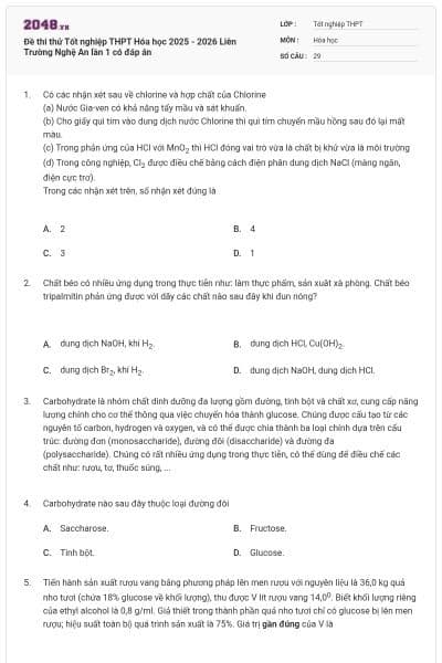 Đề thi thử Tốt nghiệp THPT Hóa học 2025 - 2026 Liên Trường Nghệ An lần 1 có đáp án