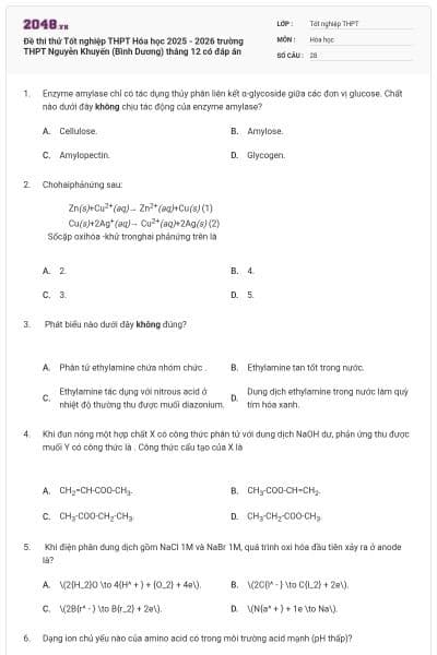 Đề thi thử Tốt nghiệp THPT Hóa học 2025 - 2026 trường THPT Nguyễn Khuyến (Bình Dương) tháng 12 có đáp án