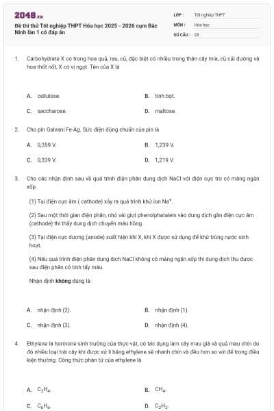Đề thi thử Tốt nghiệp THPT Hóa học 2025 - 2026 cụm Bắc Ninh lần 1 có đáp án