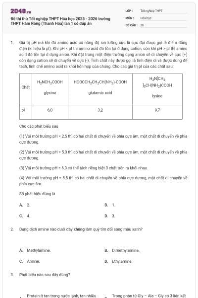 Đề thi thử Tốt nghiệp THPT Hóa học 2025 - 2026 trường THPT Hàm Rồng (Thanh Hóa) lần 1 có đáp án