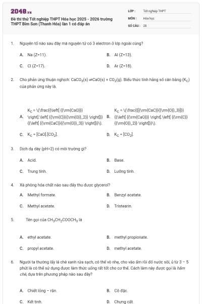 Đề thi thử Tốt nghiệp THPT Hóa học 2025 - 2026 trường THPT Bỉm Sơn (Thanh Hóa) lần 1 có đáp án