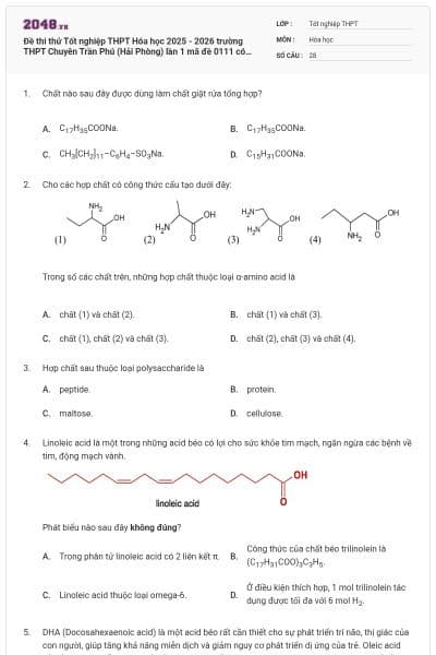 Đề thi thử Tốt nghiệp THPT Hóa học 2025 - 2026 trường THPT Chuyên Trần Phú (Hải Phòng) lần 1 mã đề 0111 có đáp án
