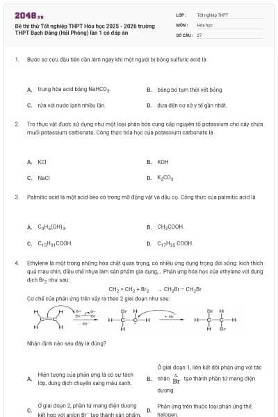 Đề thi thử Tốt nghiệp THPT Hóa học 2025 - 2026 trường THPT Bạch Đằng (Hải Phòng) lần 1 có đáp án