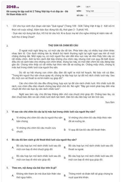 Đề cương ôn tập cuối kì 2 Tiếng Việt lớp 4 có đáp án - Đề thi tham khảo số 6