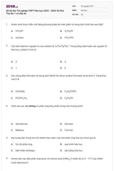 Đề thi thử Tốt nghiệp THPT Hóa học 2025 - 2026 Sở Phú Thọ lần 1 có đáp án