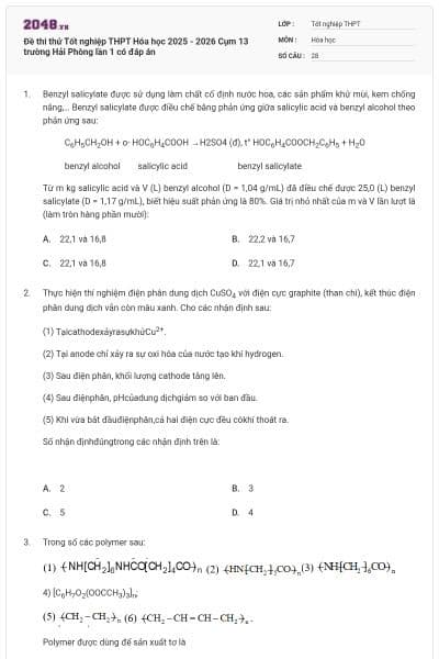 Đề thi thử Tốt nghiệp THPT Hóa học 2025 - 2026 Cụm 13 trường Hải Phòng lần 1 có đáp án