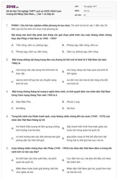 Đề thi thử Tốt nghiệp THPT Lịch sử 2025-2026 Cụm trường Đà Nẵng (Sào Nam,...) lần 1 có đáp án