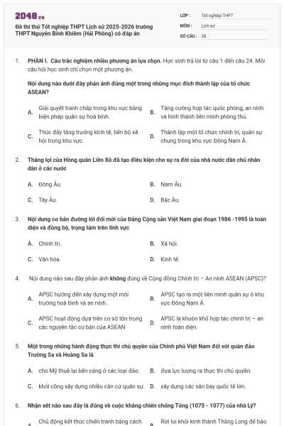 Đề thi thử Tốt nghiệp THPT Lịch sử 2025-2026 trường THPT Nguyễn Bỉnh Khiêm (Hải Phòng) có đáp án