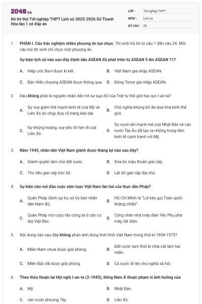 Đề thi thử Tốt nghiệp THPT Lịch sử 2025-2026 Sở Thanh Hóa lần 1 có đáp án
