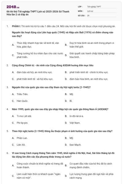 Đề thi thử Tốt nghiệp THPT Lịch sử 2025-2026 Sở Thanh Hóa lần 2 có đáp án