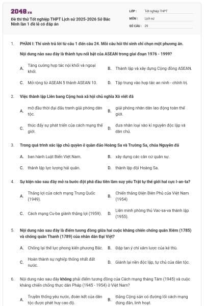 Đề thi thử Tốt nghiệp THPT Lịch sử 2025-2026 Sở Bắc Ninh lần 1 đề lẻ có đáp án
