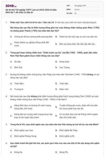 Đề thi thử Tốt nghiệp THPT Lịch sử 2025-2026 Sở Bắc Ninh lần 1 đề chẵn có đáp án