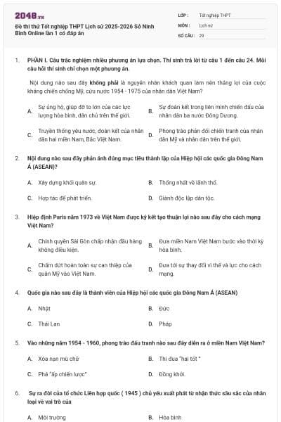 Đề thi thử Tốt nghiệp THPT Lịch sử 2025-2026 Sở Ninh Bình Online lần 1 có đáp án