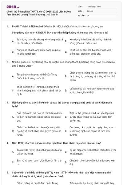 Đề thi thử Tốt nghiệp THPT Lịch sử 2025-2026 Liên trường Anh Sơn, Đô Lương,Thanh Chương... có đáp án