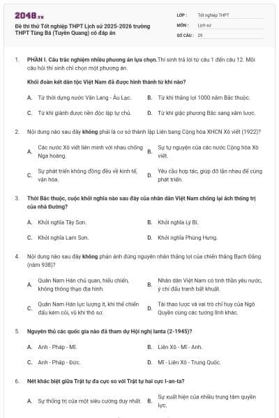 Đề thi thử Tốt nghiệp THPT Lịch sử 2025-2026 trường THPT Tùng Bá (Tuyên Quang) có đáp án