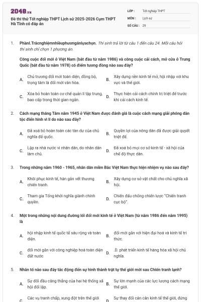 Đề thi thử Tốt nghiệp THPT Lịch sử 2025-2026 Cụm THPT Hà Tĩnh có đáp án