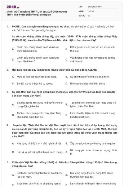 Đề thi thử Tốt nghiệp THPT Lịch sử 2025-2026 trường THPT Thái Phiên (Hải Phòng) có đáp án