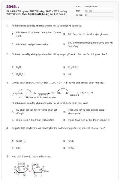 Đề thi thử Tốt nghiệp THPT Hóa học 2025 - 2026 trường THPT Chuyên Phan Bội Châu (Nghệ An) lần 1 có đáp án