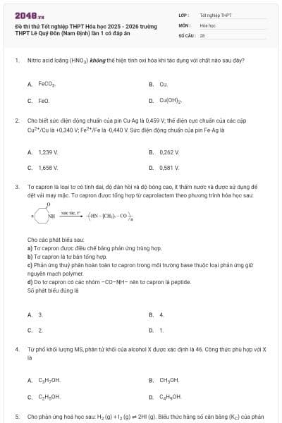Đề thi thử Tốt nghiệp THPT Hóa học 2025 - 2026 trường THPT Lê Quý Đôn (Nam Định) lần 1 có đáp án