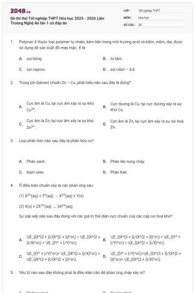 Đề thi thử Tốt nghiệp THPT Hóa học 2025 - 2026 Liên Trường Nghệ An lần 1 có đáp án