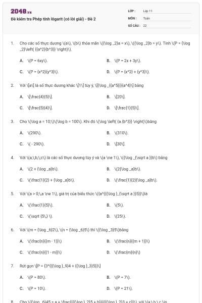 Đề kiểm tra Phép tính lôgarit (có lời giải) - Đề 2