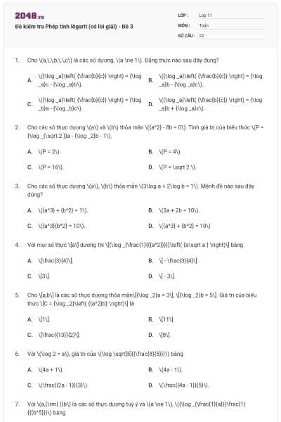 Đề kiểm tra Phép tính lôgarit (có lời giải) - Đề 3
