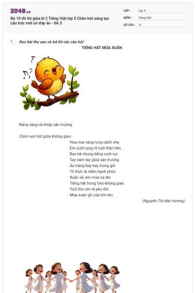 Bộ 10 đề thi giữa kì 2 Tiếng Việt lớp 5 Chân trời sáng tạo cấu trúc mới có đáp án - Đề 3