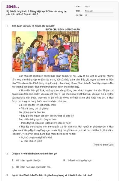 Bộ 10 đề thi giữa kì 2 Tiếng Việt lớp 5 Chân trời sáng tạo cấu trúc mới có đáp án - Đề 6