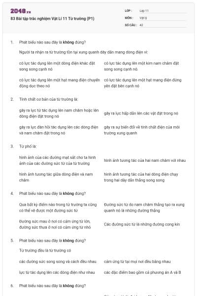 83 Bài tập trắc nghiệm Vật Lí 11 Từ trường (P1)