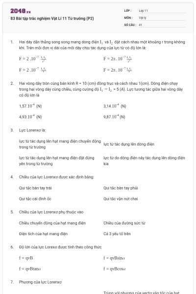 83 Bài tập trắc nghiệm Vật Lí 11 Từ trường (P2)