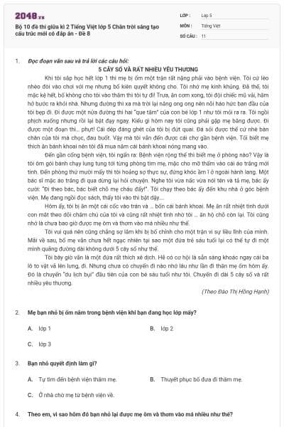 Bộ 10 đề thi giữa kì 2 Tiếng Việt lớp 5 Chân trời sáng tạo cấu trúc mới có đáp án - Đề 8