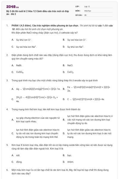 Bộ 3 đề thi cuối kì 2 Hóa 12 Cánh diều cấu trúc mới có đáp án - Đề 2
