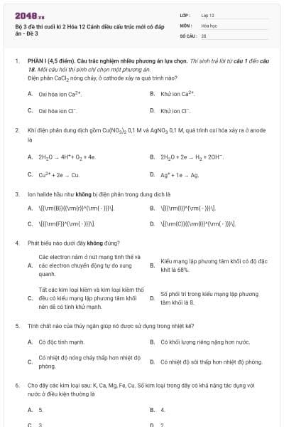 Bộ 3 đề thi cuối kì 2 Hóa 12 Cánh diều cấu trúc mới có đáp án - Đề 3