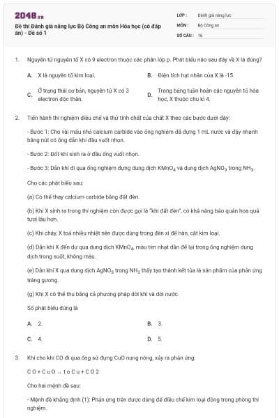 Đề thi Đánh giá năng lực Bộ Công an môn Hóa học (có đáp án) - Đề số 1