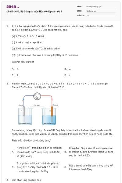 Đề thi ĐGNL Bộ Công an môn Hóa có đáp án - Đề 3