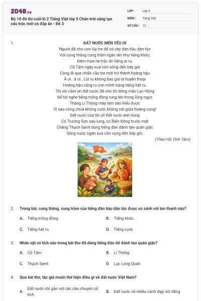 Bộ 10 đề thi cuối kì 2 Tiếng Việt lớp 5 Chân trời sáng tạo cấu trúc mới có đáp án - Đề 3