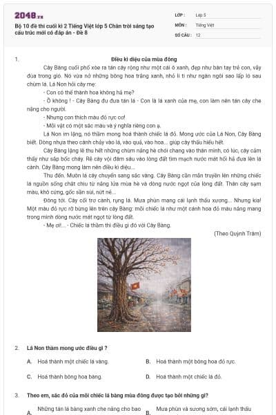 Bộ 10 đề thi cuối kì 2 Tiếng Việt lớp 5 Chân trời sáng tạo cấu trúc mới có đáp án - Đề 8