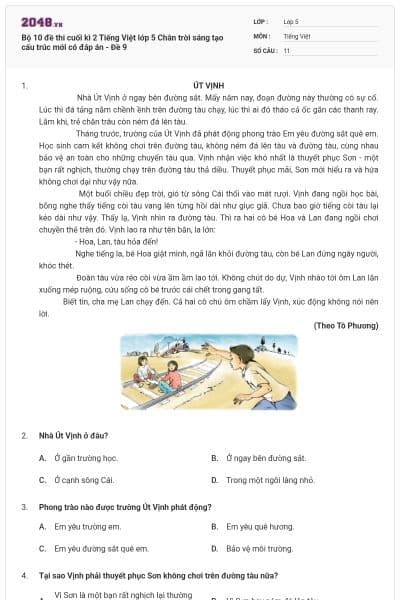 Bộ 10 đề thi cuối kì 2 Tiếng Việt lớp 5 Chân trời sáng tạo cấu trúc mới có đáp án - Đề 9