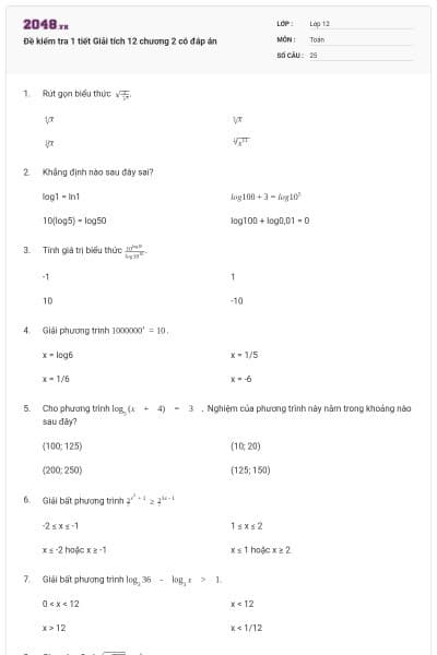 Đề kiểm tra 1 tiết Giải tích 12 chương 2 có đáp án