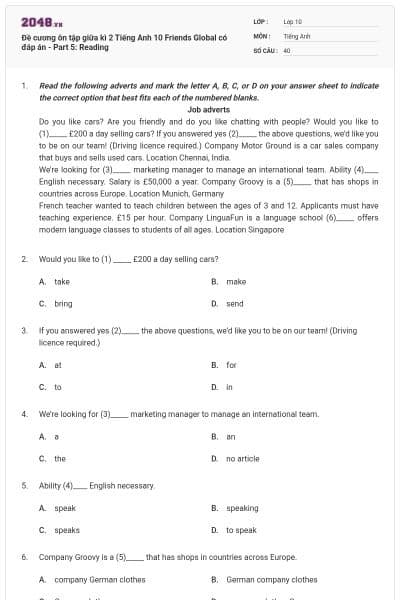 Đề cương ôn tập giữa kì 2 Tiếng Anh 10 Friends Global có đáp án - Part 5: Reading