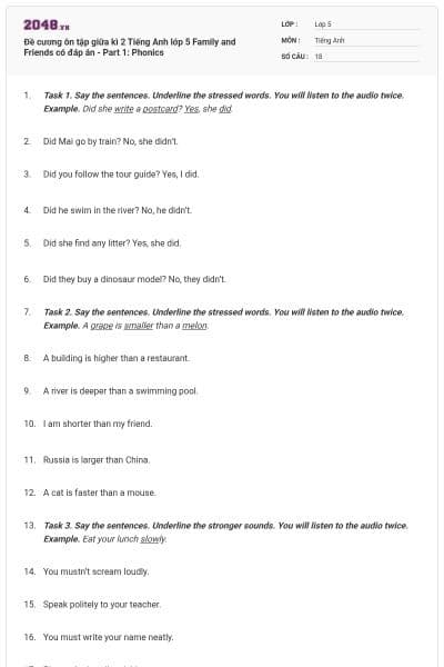 Đề cương ôn tập giữa kì 2 Tiếng Anh lớp 5 Family and Friends có đáp án - Part 1: Phonics