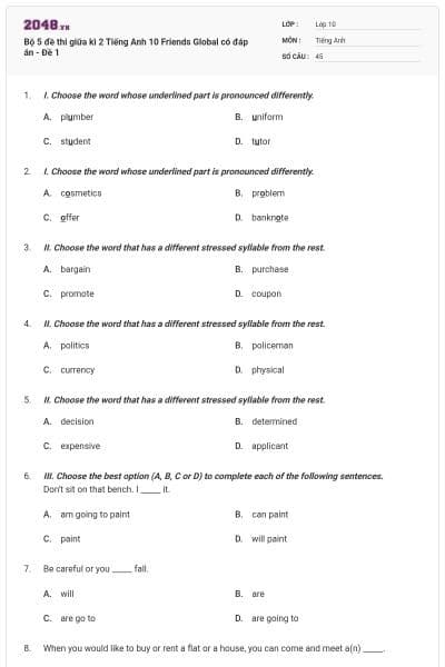 Bộ 5 đề thi giữa kì 2 Tiếng Anh 10 Friends Global có đáp án - Đề 1